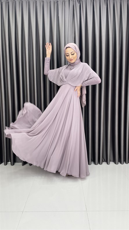 240 – Yarasa Kol Şifon Kumaş Abiye-Lila