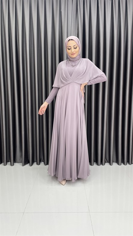 240 – Yarasa Kol Şifon Kumaş Abiye-Lila