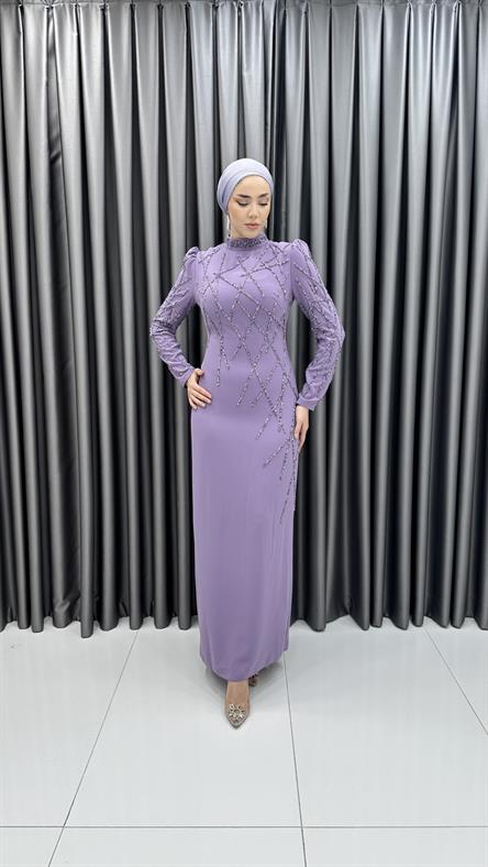 3920 T - Taş İşlemeli ve Hafif Karpuz Kollu Krep Abiye Elbise-Lila