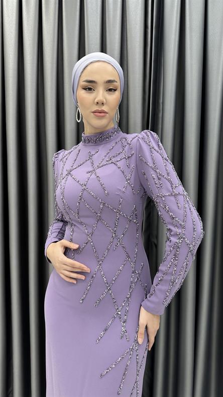 3920 T - Taş İşlemeli ve Hafif Karpuz Kollu Krep Abiye Elbise-Lila