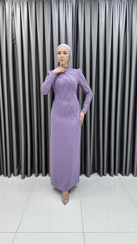 3920 T - Taş İşlemeli ve Hafif Karpuz Kollu Krep Abiye Elbise-Lila