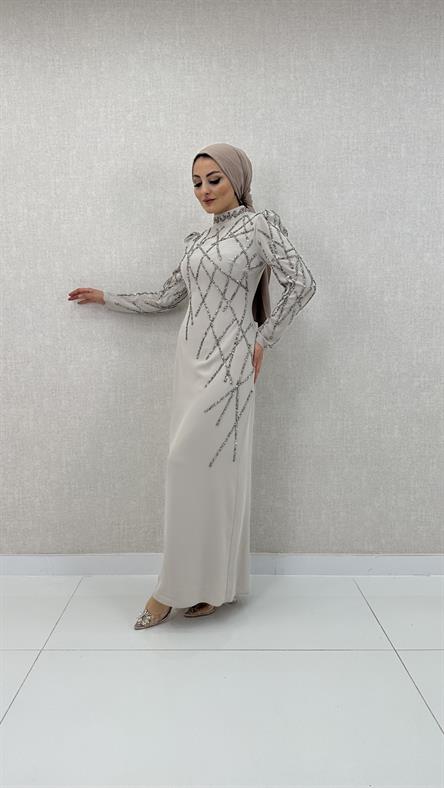 3920 T - Taş İşlemeli ve Hafif Karpuz Kollu Krep Abiye Elbise-Taş