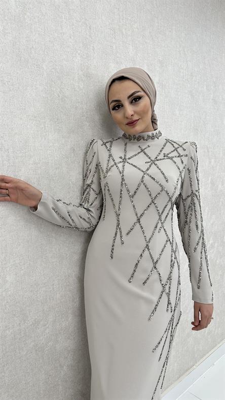 3920 T - Taş İşlemeli ve Hafif Karpuz Kollu Krep Abiye Elbise-Taş