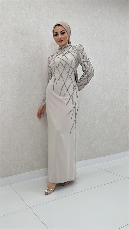 3920 T - Taş İşlemeli ve Hafif Karpuz Kollu Krep Abiye Elbise-Taş