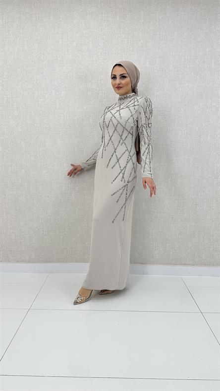 3920 T - Taş İşlemeli ve Hafif Karpuz Kollu Krep Abiye Elbise-Taş