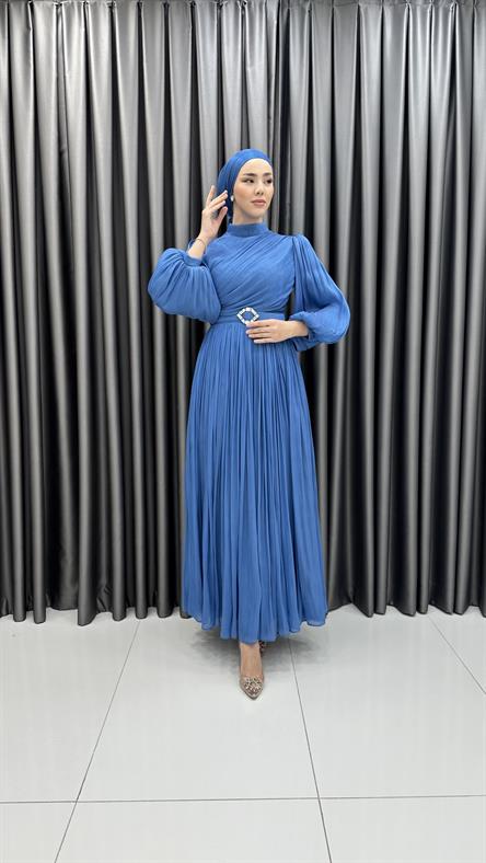 3947 T - Balon Kollu ve Kemer Detaylı Janjan Kumaş Abiye Elbise-Mavi