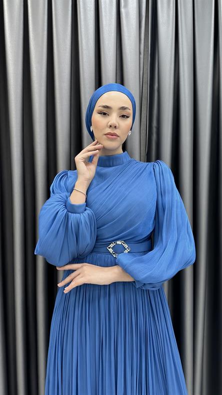 3947 T - Balon Kollu ve Kemer Detaylı Janjan Kumaş Abiye Elbise-Mavi