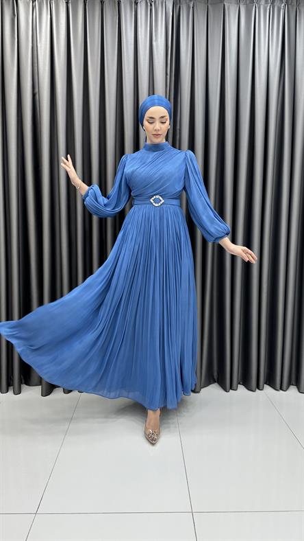 3947 T - Balon Kollu ve Kemer Detaylı Janjan Kumaş Abiye Elbise-Mavi