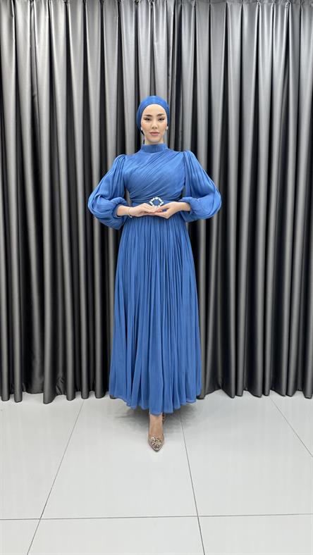 3947 T - Balon Kollu ve Kemer Detaylı Janjan Kumaş Abiye Elbise-Mavi