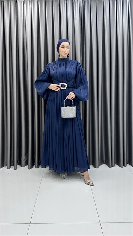 3948 T - Kemer Detaylı ve Balon Kollu Jan Jan Abiye Elbise-Lacivert