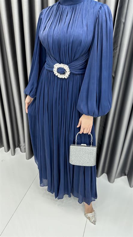 3948 T - Kemer Detaylı ve Balon Kollu Jan Jan Abiye Elbise-Lacivert