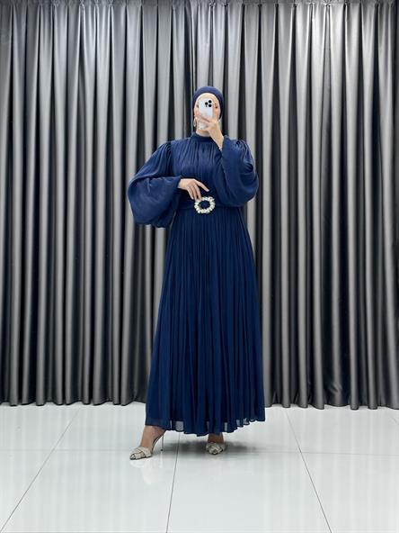 3948 T - Kemer Detaylı ve Balon Kollu Jan Jan Abiye Elbise-Lacivert