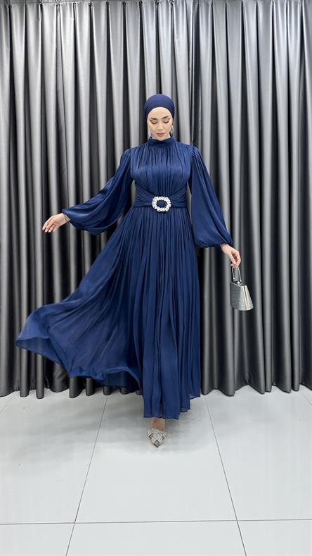 3948 T - Kemer Detaylı ve Balon Kollu Jan Jan Abiye Elbise-Lacivert