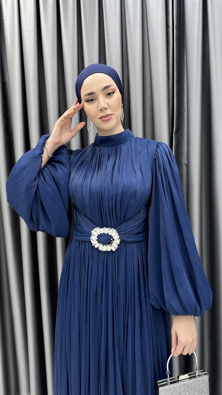 3948 T - Kemer Detaylı ve Balon Kollu Jan Jan Abiye Elbise-Lacivert