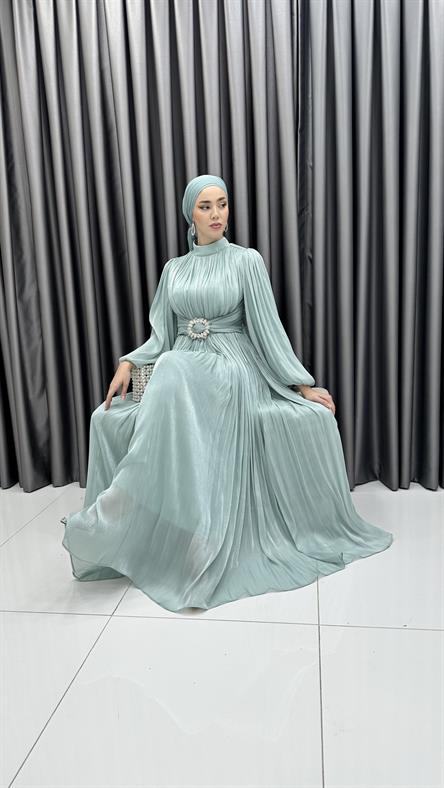 3948 T - Kemer Detaylı ve Balon Kollu Jan Jan Abiye Elbise-Mint