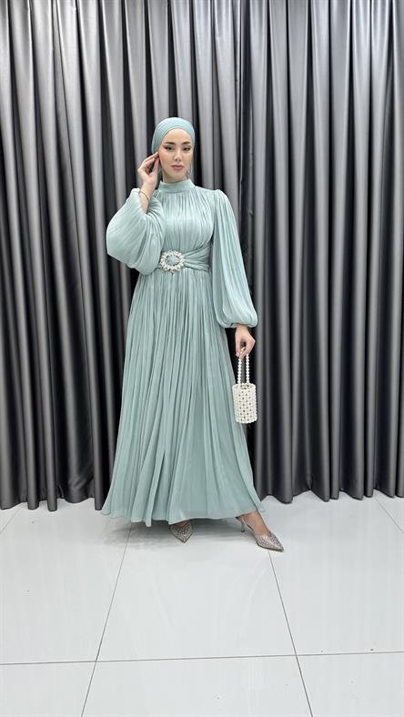 3948 T - Kemer Detaylı ve Balon Kollu Jan Jan Abiye Elbise-Mint