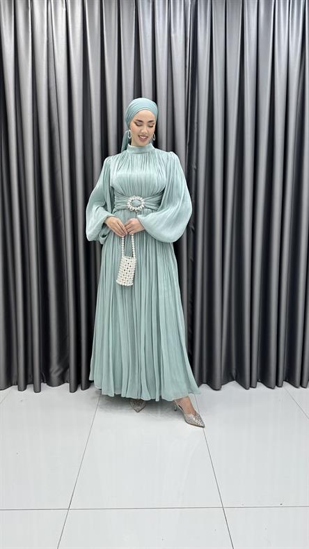 3948 T - Kemer Detaylı ve Balon Kollu Jan Jan Abiye Elbise-Mint