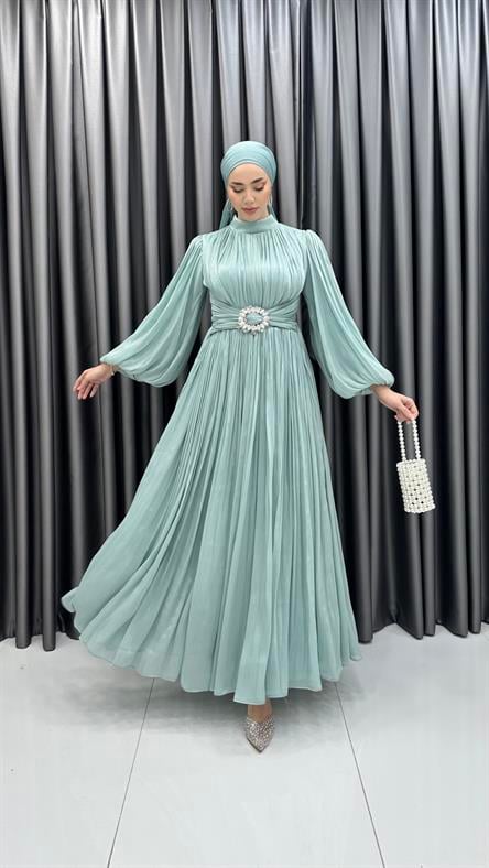 3948 T - Kemer Detaylı ve Balon Kollu Jan Jan Abiye Elbise-Mint