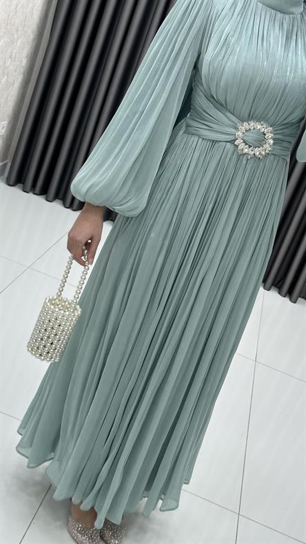 3948 T - Kemer Detaylı ve Balon Kollu Jan Jan Abiye Elbise-Mint