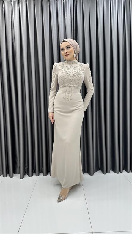 3977 T - HÜRREM Boncuk İşleme Detaylı Vücuda Oturan Kesim Krep Abiye Elbise-Taş