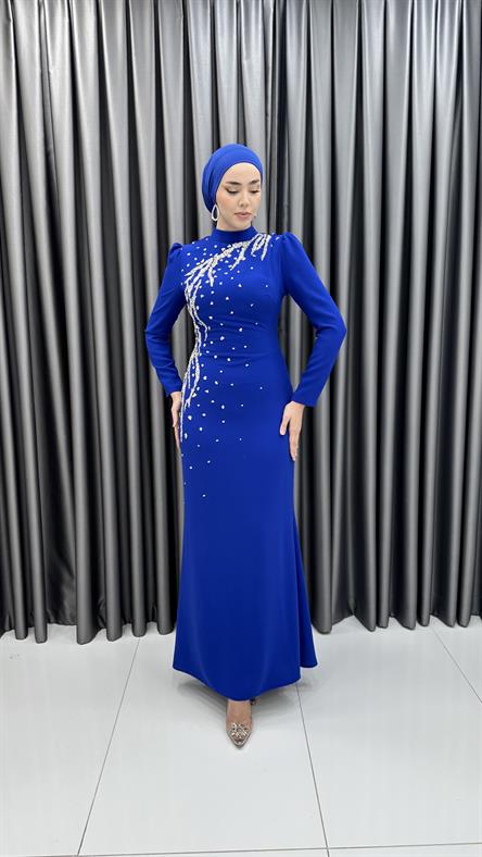 4003 T - Taş İşlemeli Balık Kesim Krep Abiye Elbise-Saks Mavi