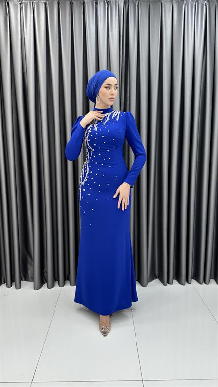 4003 T - Taş İşlemeli Balık Kesim Krep Abiye Elbise-Saks Mavi