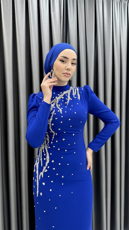 4003 T - Taş İşlemeli Balık Kesim Krep Abiye Elbise-Saks Mavi
