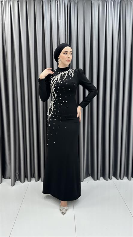 4003 T - Taş İşlemeli Balık Kesim Krep Abiye Elbise-Siyah