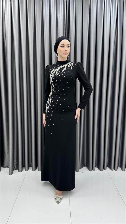 4003 T - Taş İşlemeli Balık Kesim Krep Abiye Elbise-Siyah