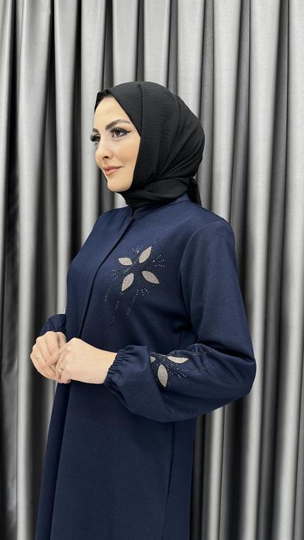 4166 Ş - İşleme Detaylı ve Fermuarlı Melanjlı Kumaş Ferace-Lacivert