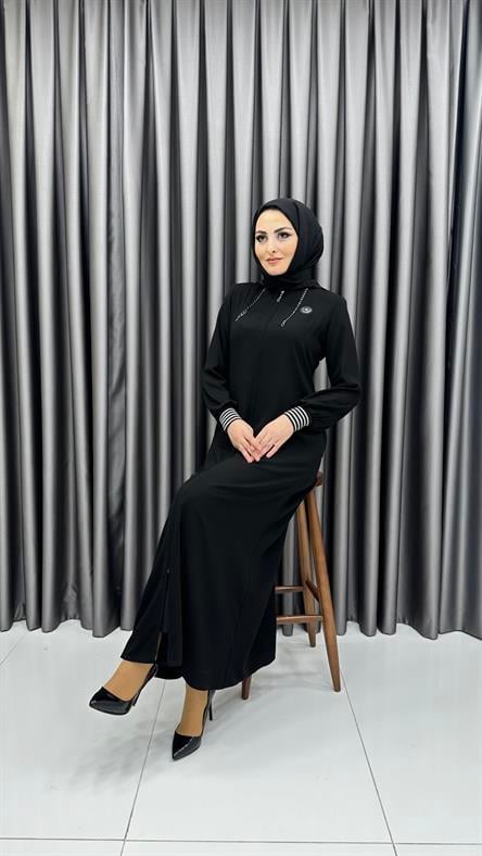 4169 Ş - Zincir ve Manşet Detaylı Kapüşonlu Krep Ferace-Siyah