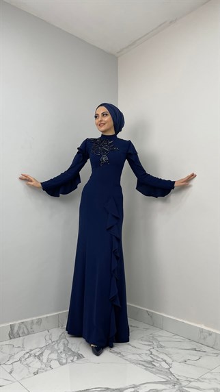 422 F – Balon Kol Detaylı Janjan Kumaş Abiye-Lacivert