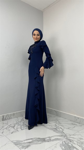 422 F – Balon Kol Detaylı Janjan Kumaş Abiye-Lacivert