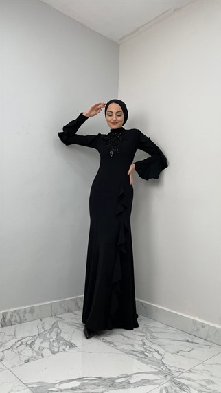 422 F – Balon Kol Detaylı Janjan Kumaş Abiye-Siyah