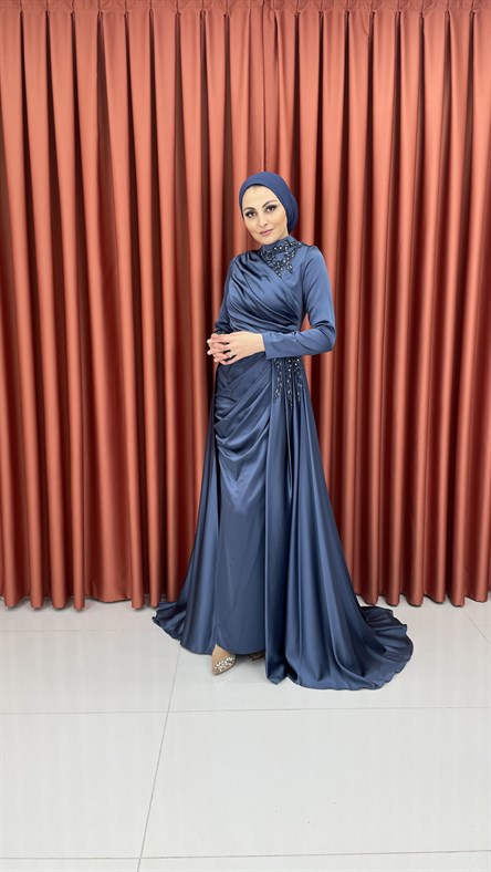 4238 S Abiye Elbise-İndigo Mavi