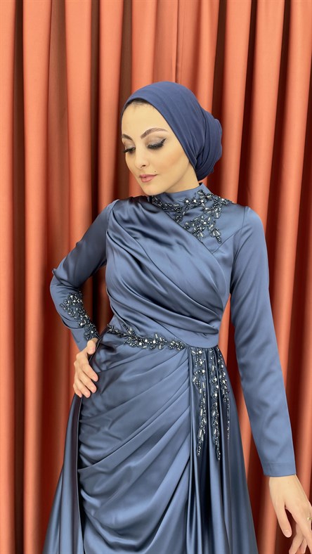 4238 S Abiye Elbise-İndigo Mavi