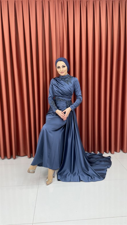 4238 S Abiye Elbise-İndigo Mavi