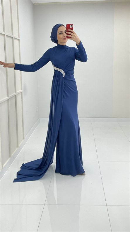 4334 S Abiye Elbise-İndigo Mavi