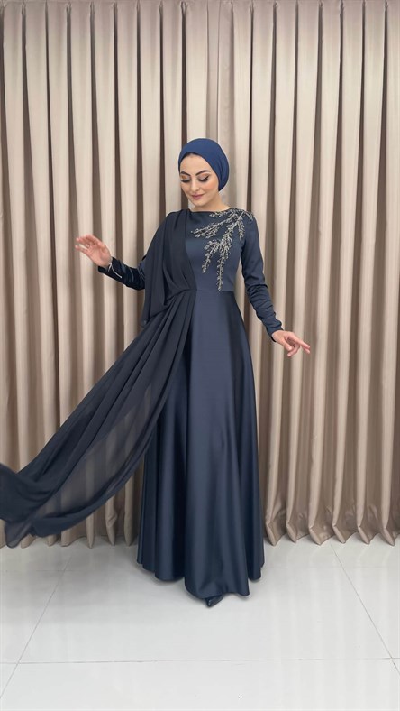 4340 F – İşlemeli- Tül Detaylı Saten Abiye Elbise-Antrasit