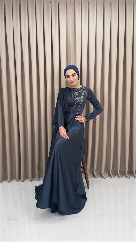 4340 F – İşlemeli- Tül Detaylı Saten Abiye Elbise-Antrasit