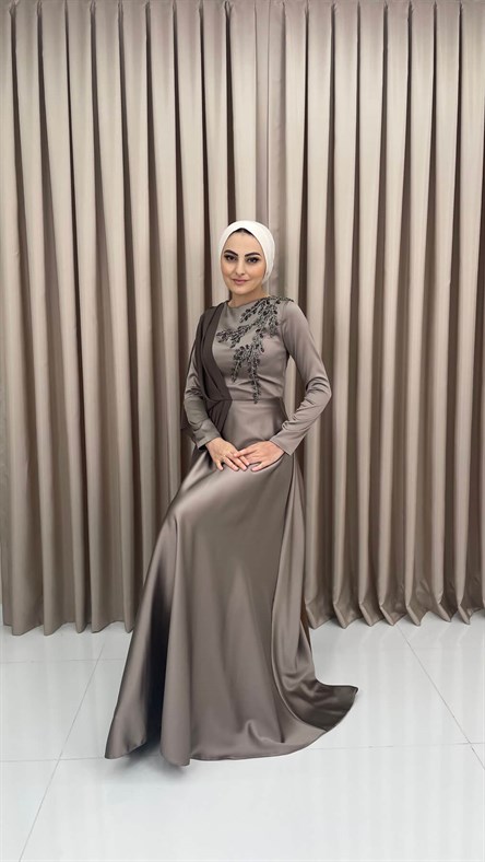 4340 F – İşlemeli- Tül Detaylı Saten Abiye Elbise-Vizon