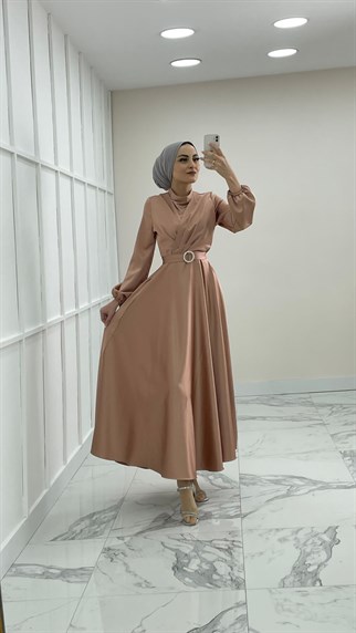 4342 R – Kemeri Taşlı Saten Abiye-Bej