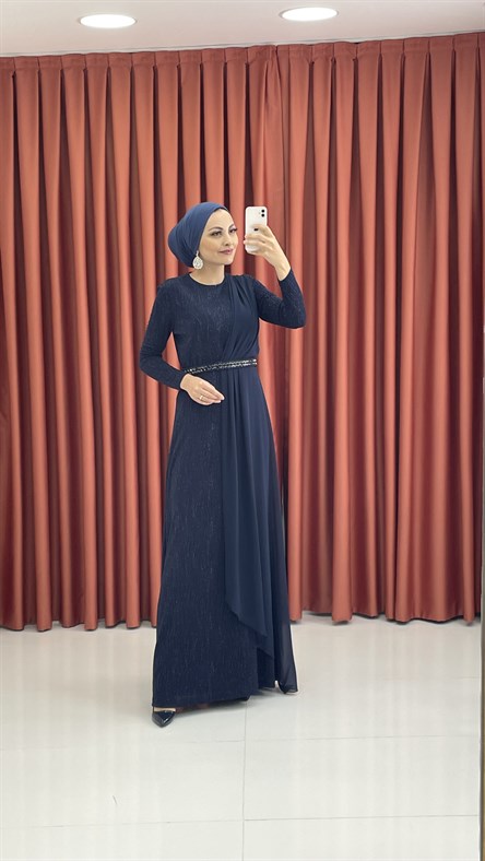 440 G – Simli Kumaş ve Taşlı Kemerli Abiye-Lacivert