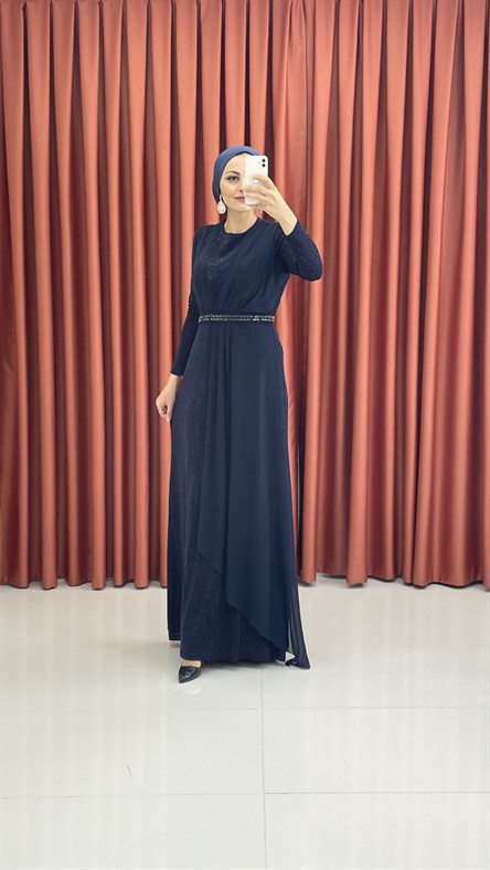 440 G – Simli Kumaş ve Taşlı Kemerli Abiye-Lacivert