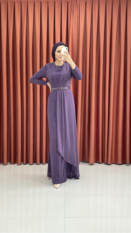440 G – Simli Kumaş ve Taşlı Kemerli Abiye-Lila