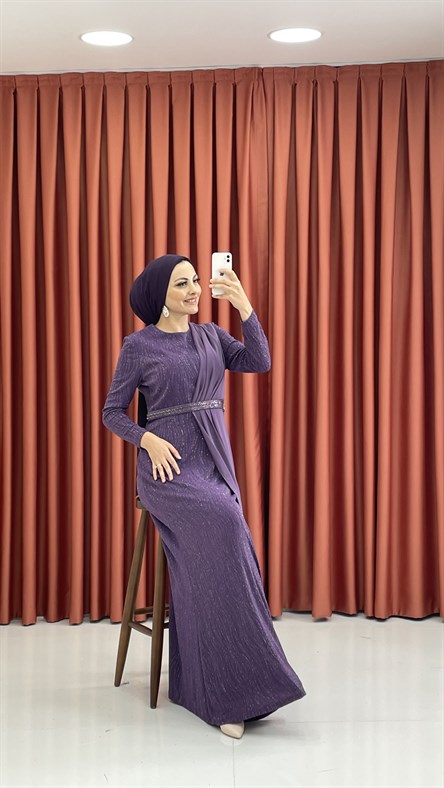 440 G – Simli Kumaş ve Taşlı Kemerli Abiye-Lila