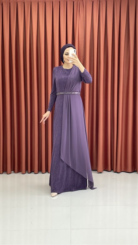 440 G – Simli Kumaş ve Taşlı Kemerli Abiye-Lila