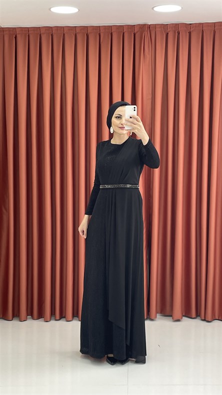 440 G – Simli Kumaş ve Taşlı Kemerli Abiye-Siyah