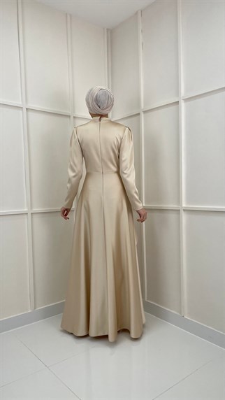 4440 - Taş İşlemeli Abiye Elbise-Gold Rengi
