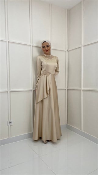 4440 - Taş İşlemeli Abiye Elbise-Gold Rengi